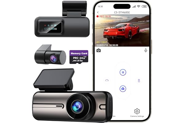 Dash Cam Front and Rear 4K+1080P, 5GHz WiFi, App Control, with 64GB Card | 24H Parkin