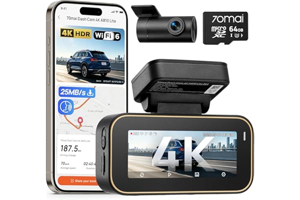 70mai A810 Lite 4K Dash Cam Front and Rear, 5GHz Wi-Fi 6 DashCam, Car Camera 4G LTE R