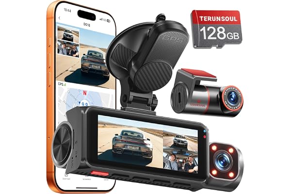 4K+4K+1080P 3 Channel Dash Cam, Free 128GB Card, AProX HD Night Vision | Dash Cam Fro