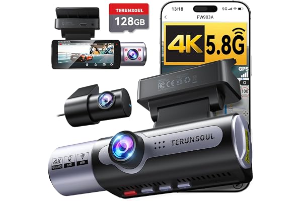 4K Dash Cam Front and Rear, Full HD 3 Channel Dashcam, Free 128GB Card | built-in 5.8