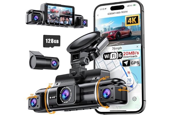 Icesky 4K Dash Cam Front and Rear Left Right with GPS, 20MB/s WiFi 6 | Include 128GB 