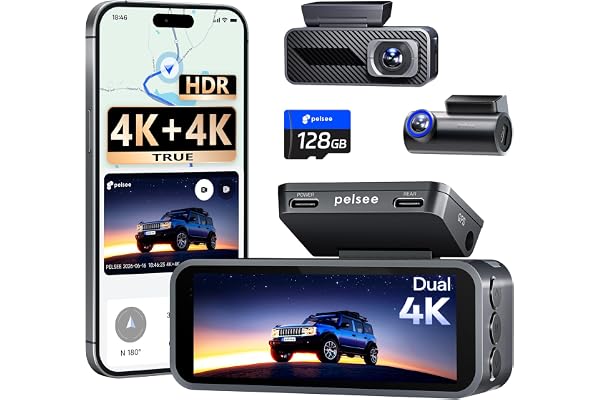Pelsee S1 Pro Native 4K + 4K Dash Cam Front and Rear, 128GB Card Included | 8MP Dual 